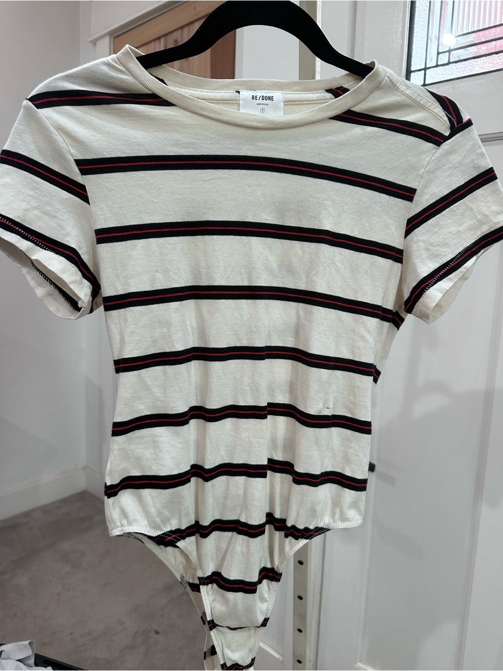 Re/Done White Tee Bodysuit with Black and Red Stripes